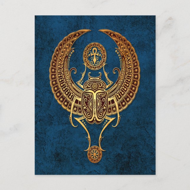 Winged Egyptian Scarab Beetle with Ankh on Blue Postcard (Front)