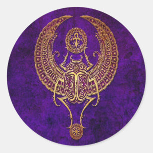 Winged Egyptian Scarab Beetle with Ankh - purple Classic Round Sticker