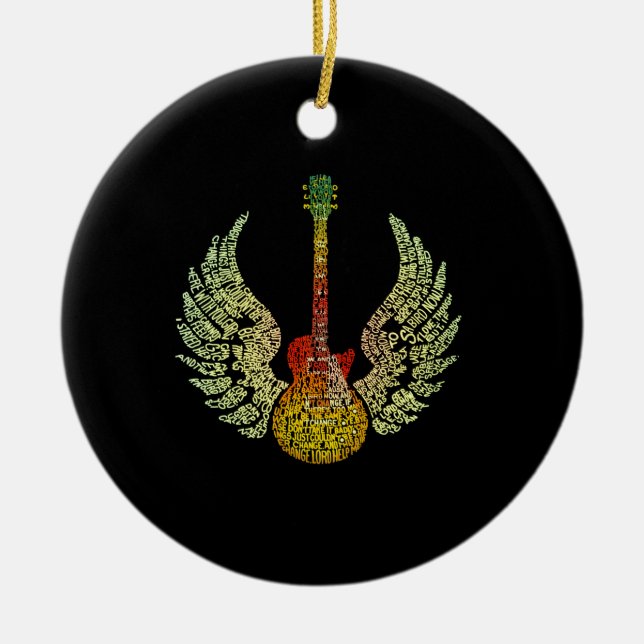 WInged Guitar Words Ceramic Tree Decoration (Front)