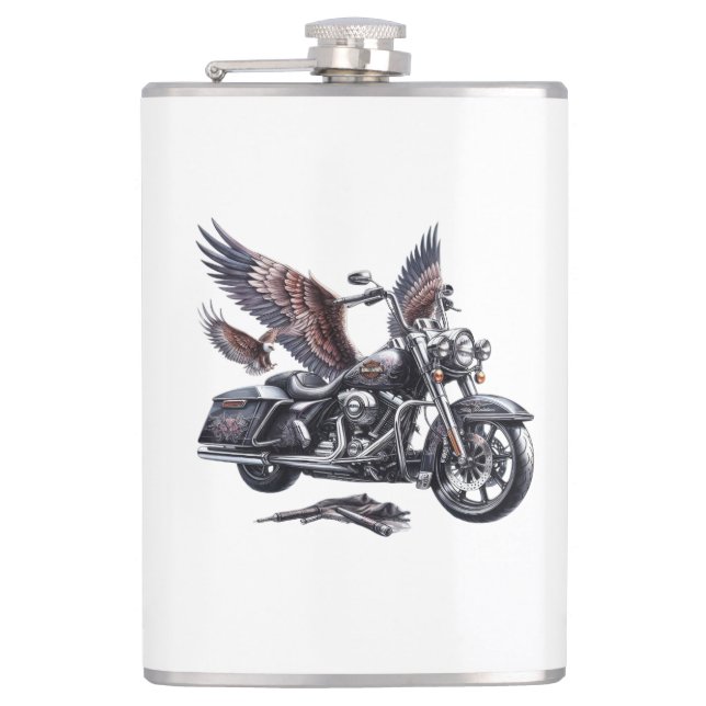 Winged Harley-Davidson Motorcycle Watercolor Illus Hip Flask (Front)