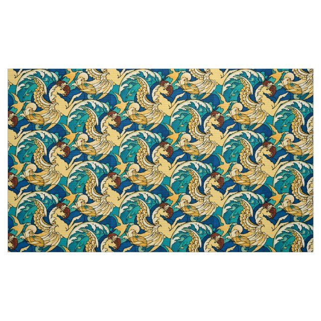 Winged Hippocampus Sea Horses In Ocean Pattern Fabric (Fat Quarter)