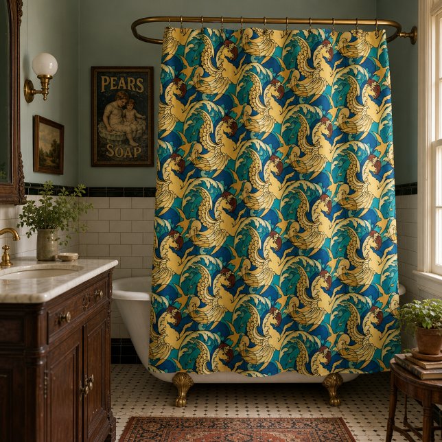 Winged Hippocampus Sea Horses In Ocean Pattern Shower Curtain (Creator Uploaded)