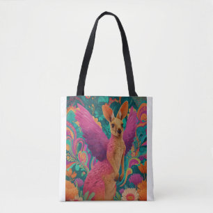 Winged kangaroo with pink feathers tote bag