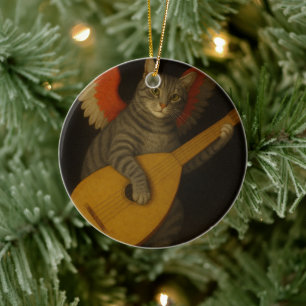 Winged Musician Cat Playing Lute Art Ceramic Tree Decoration