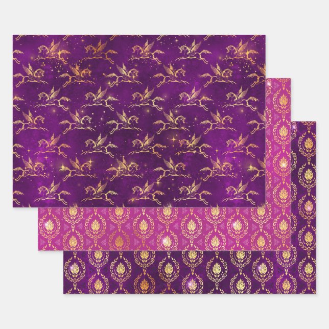 Winged Pegasus & Ornamental Floral Pattern Wrapping Paper Sheet (Set)