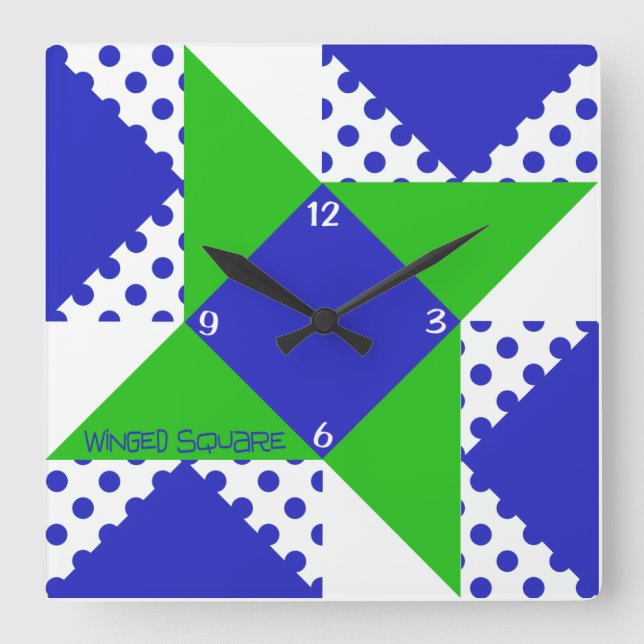 Winged Square- Blue & Green Square Wall Clock (Front)
