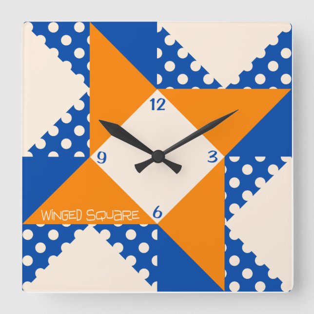 Winged Square- Blue & Orange Square Wall Clock (Front)