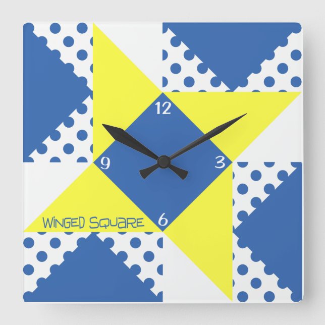 Winged Square- Blue & Yellow Square Wall Clock (Front)