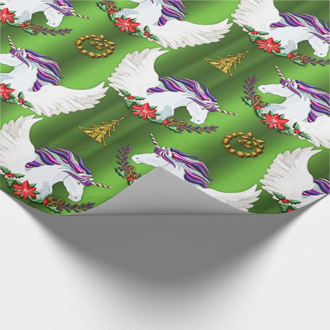 Winged Unicorn Green Christmas Wrapping Paper (Corner)