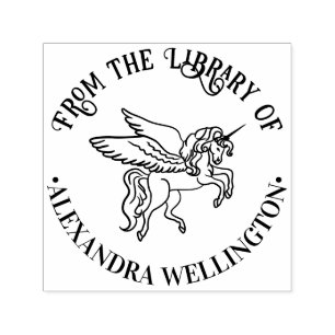 Winged Unicorn Line Art Round Library Book Name Self-inking Stamp