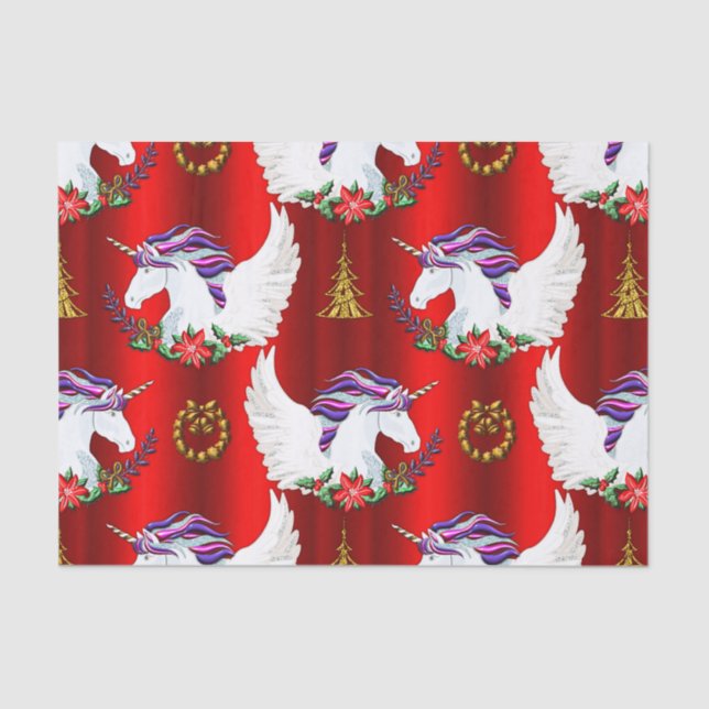 Winged Unicorn Red Christmas Tissue Paper (Front)