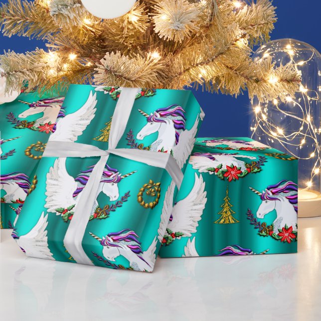 Winged Unicorn Teal Christmas Wrapping Paper (Holidays)