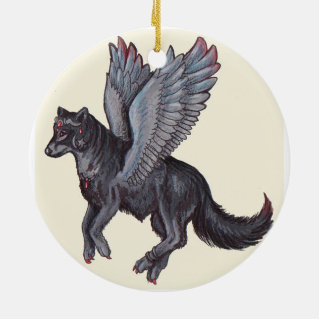 Winged Wolf Ceramic Tree Decoration (Back)