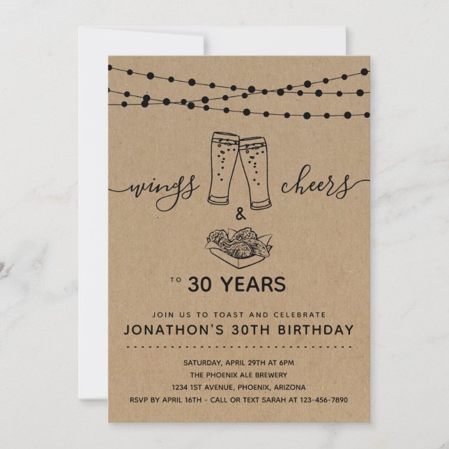 Wings & Cheers & Beers Birthday Party - Any Age Invitation (Front)