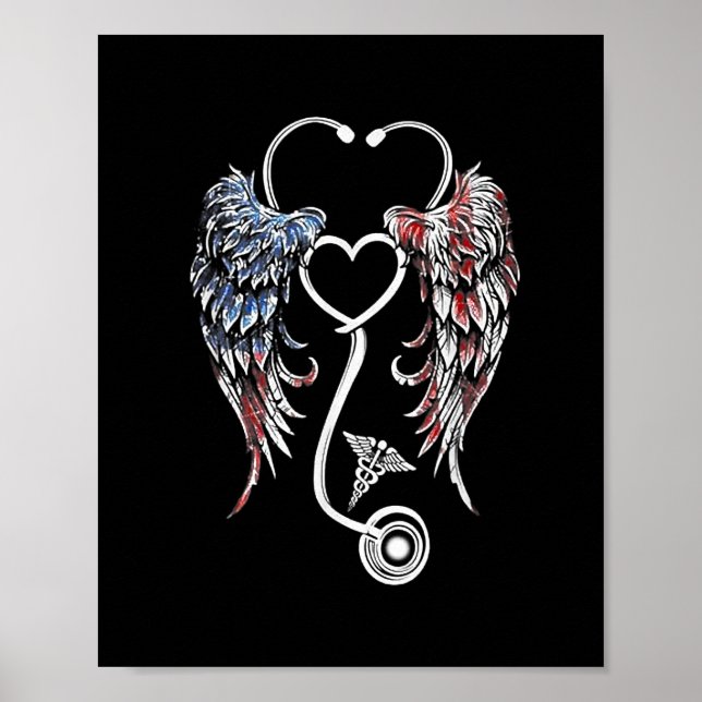Wings Heart Nurse Stethoscope American Flag Poster (Front)
