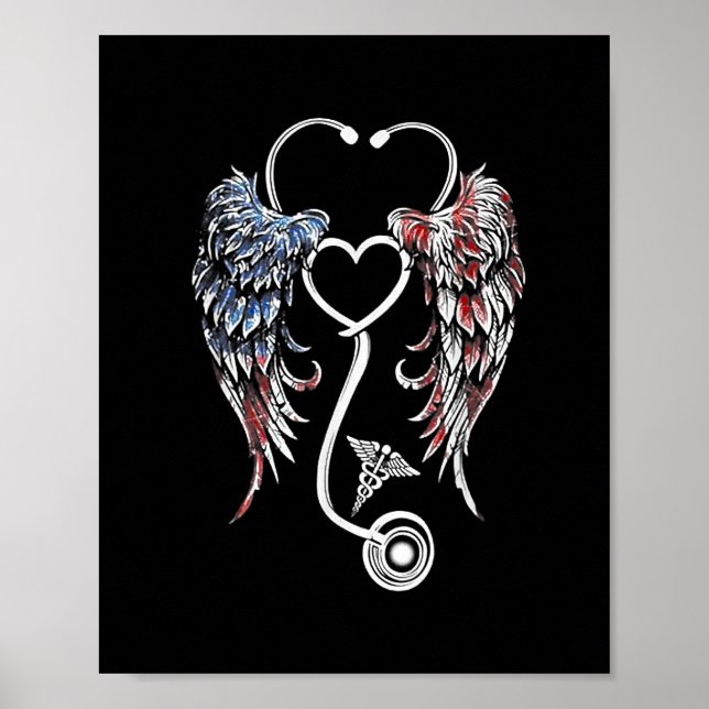 Wings Heart Nurse Stethoscope American Flag Poster (Front)
