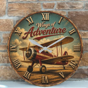 Wings of Adventure Vintage Biplane Retro Airplane Large Clock