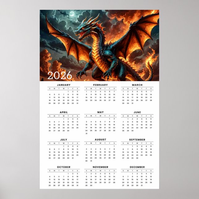 Wings of Flame: 2026 Mythical Dragon Calendar Poster (Front)