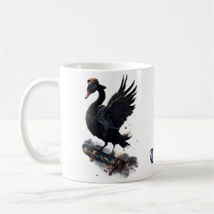 Wings of freedom the black swan on the skateboard. coffee mug