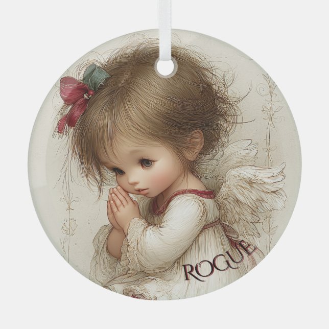 Wings of Prayer with Custom Name Glass Tree Decoration (Front)