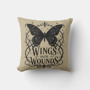 Wings Over Wounds – Gothic Black Butterfly Design Cushion