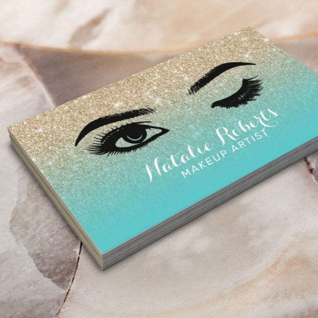 Wink Eye Lashes Eyelash Salon Teal & Gold Glitter Business Card (Creator Uploaded)