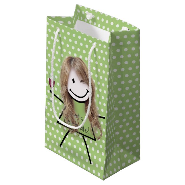 Winking Birthday Stick Girl On Polka Dots  Small Gift Bag (Front Angled)