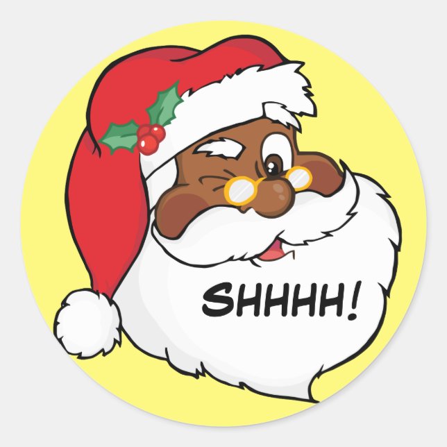 Winking Black Santa Keeping Christmas Secrets Classic Round Sticker (Front)