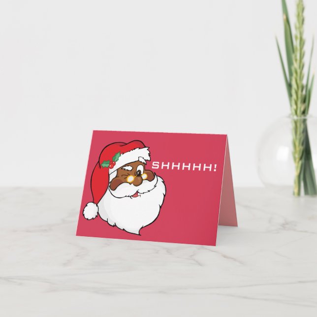 Winking Black Santa Keeping Christmas Secrets Holiday Card (Front)