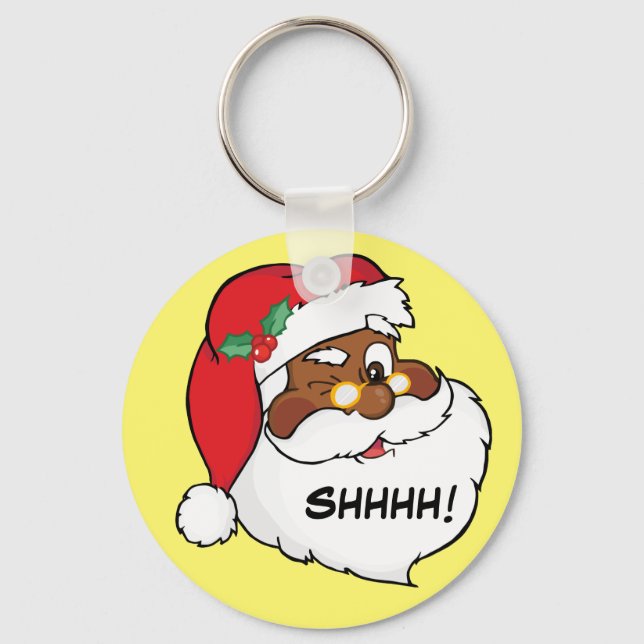 Winking Black Santa Keeping Christmas Secrets Key Ring (Front)