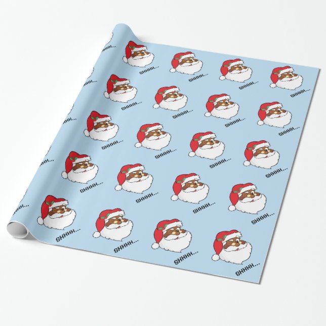 Winking Black Santa Keeping Christmas Secrets Wrapping Paper (Unrolled)