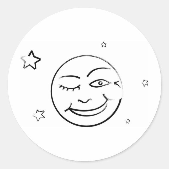Winking Brushstroke Moon and Stars Classic Round Sticker (Front)