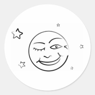 Winking Brushstroke Moon and Stars Classic Round Sticker