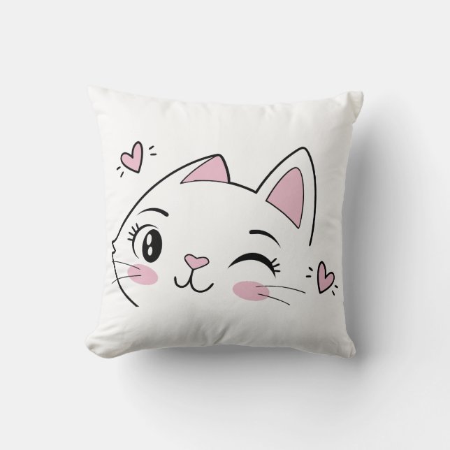 Winking Cat Face Throw Pillow – Cute Kitty with He (Front)