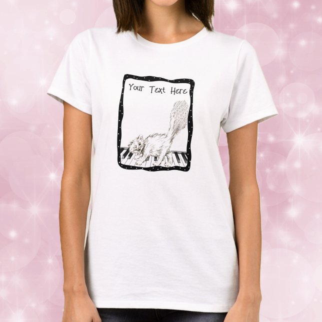Winking cat on Piano Keys Black Border Dots T-Shirt (Winking cat on piano keys black wavy frame white dots on woman's tee shirt.)
