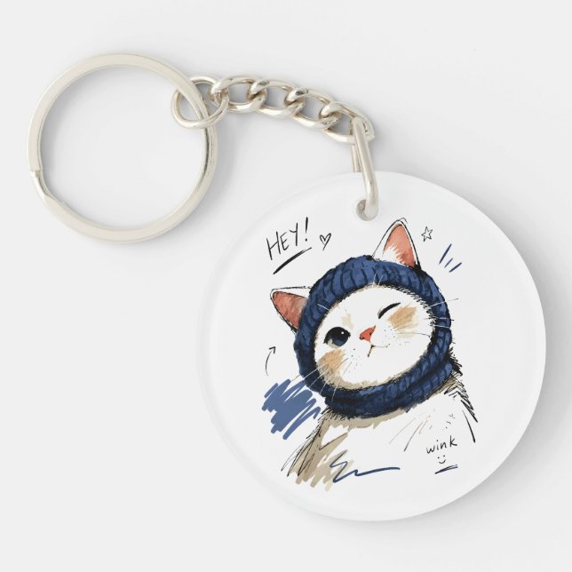 Winking Cat with Cosy Knit Scarf Key Ring (Front)