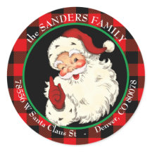 Winking Classic Santa Claus Buffalo Plaid Frame
