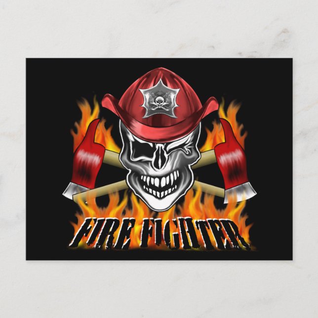 Winking Firefighter Skull and flaming Axes Postcard (Front)