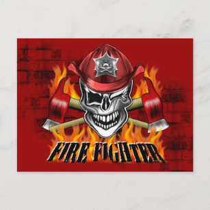 Winking Firefighter Skull and flaming Axes Postcard