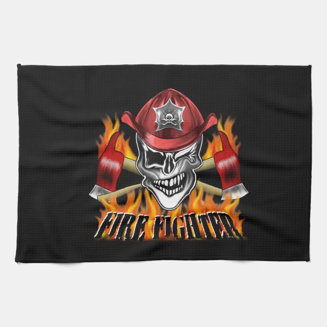 Winking Firefighter Skull and flaming Axes Tea Towel (Horizontal)