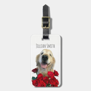 Winking Golden Retriever With Roses Personalised Luggage Tag