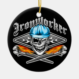Winking Ironworker Skull and Spud Wrenches 7 Blue Ceramic Tree Decoration