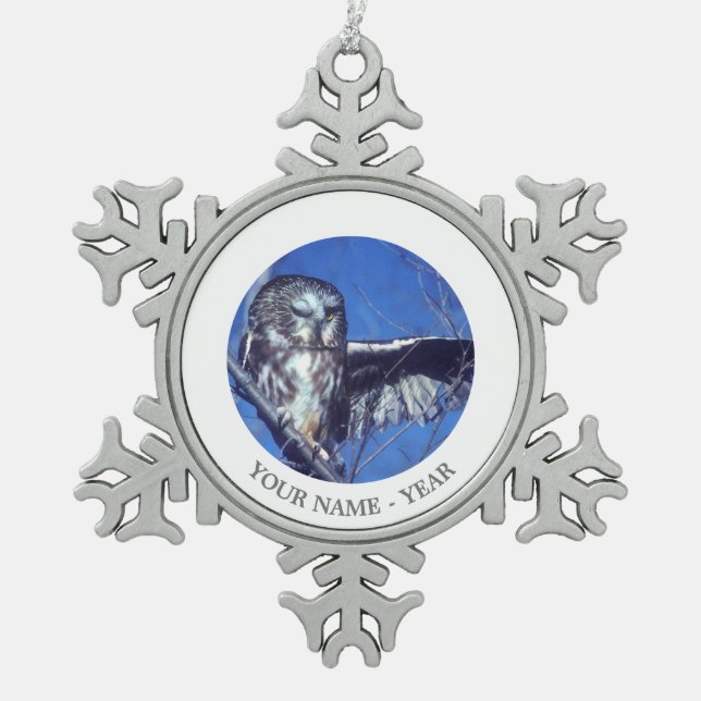 Winking owl snowflake pewter christmas ornament (Front)