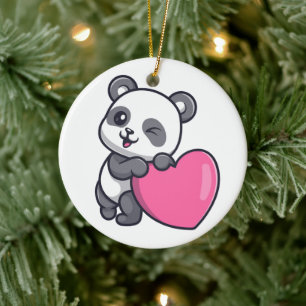 Winking Panda With Pink Heart Ceramic Tree Decoration