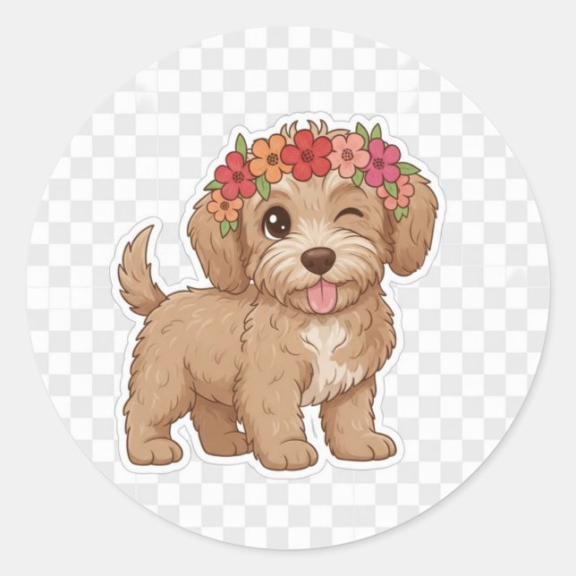 Winking Puppy Flower Crown Sticker - Cutest Doodle (Front)
