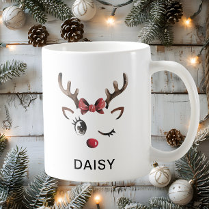 Winking Red Bow Reindeer Christmas Custom Name Coffee Mug