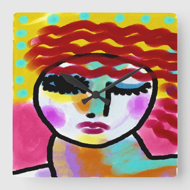 Winking Red Haired Woman Abstract Art  Square Wall Clock (Front)