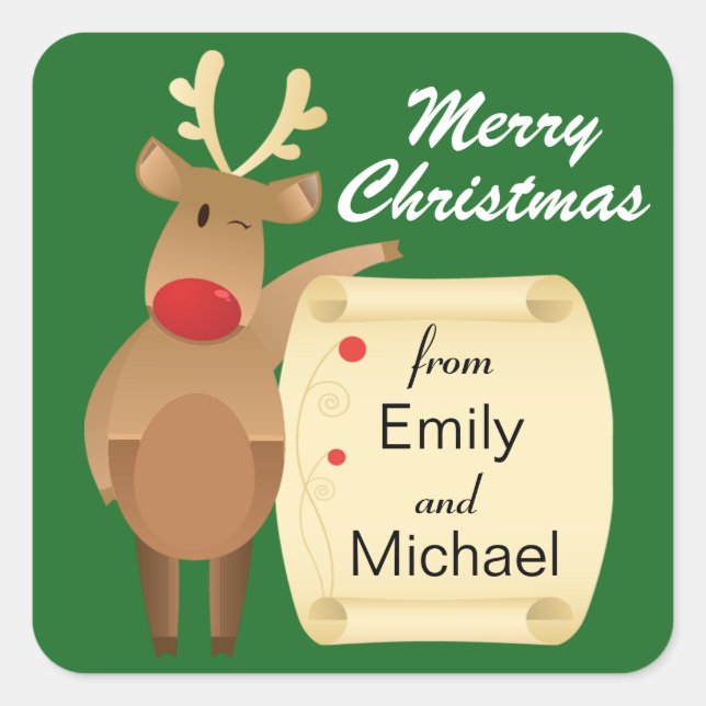 Winking Reindeer Personalised Christmas Square Sticker (Front)