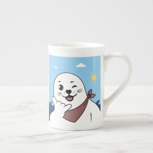 Winking Seal Wearing a Bandanna Throwing Shaka Sig Bone China Mug