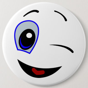 WINKING SMILEY FACE 6 CM ROUND BADGE